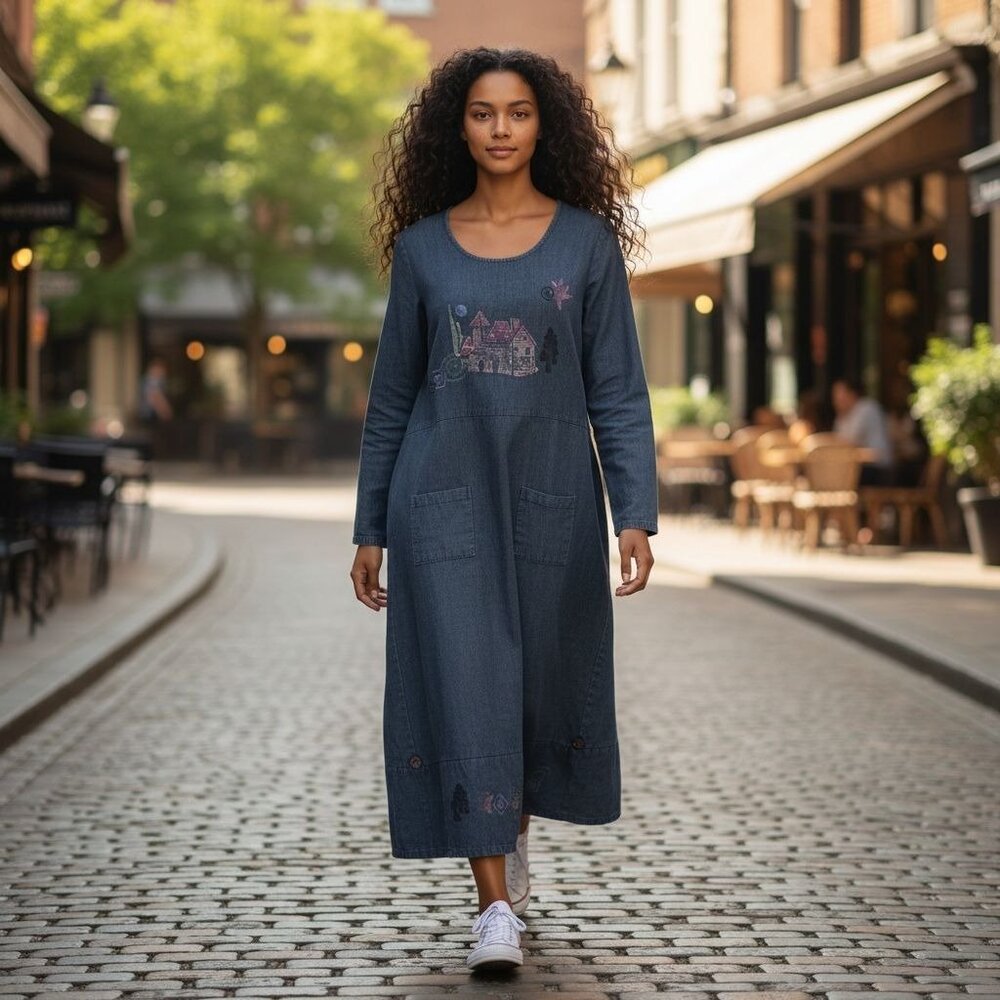 Vintage Lucky & Izzy M/L Linen Long Sleeve Dress Hand Painted Wearable Art Boho - Picture 5 of 13